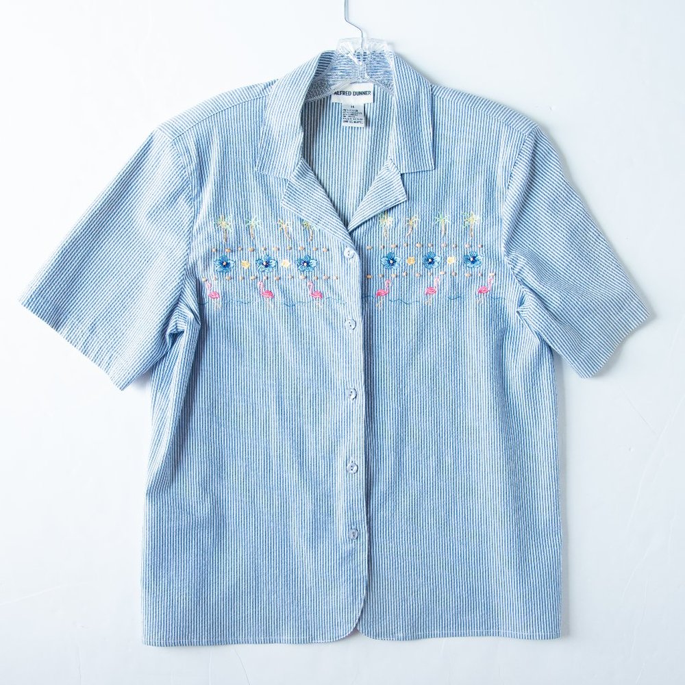 Vintage Alfred Dunner Women's top.  Blue &White Striped Size 14 Embroidery
